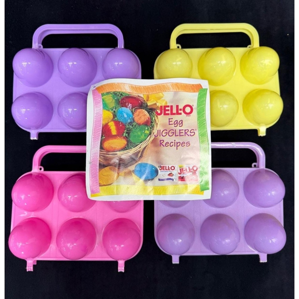 4 Jell-O JIGGLERS Plastic Easter Egg Molds Shots All Etched With Recipe Book